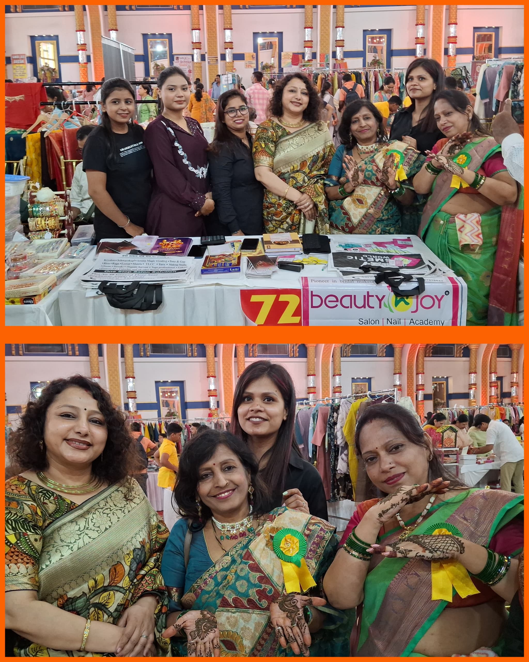 सरोजा पैलेस में ब्यूटी एंजॉय और कॉस्मेटिक वर्ल्ड ने लगाया स्टॉल, स्टॉल पर फ्री मेहंदी और बहुत ही कम रेट में लोगों को मैनीक्योर पेडीक्योर की दी गयी सुविधाएं।