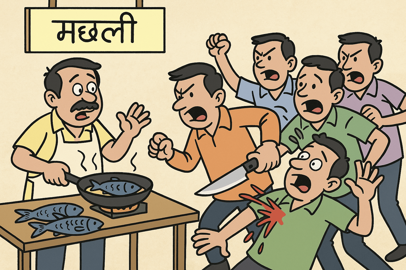 मछली तलने को  लेकर विवाद, दुकानदार को मारा चाकू