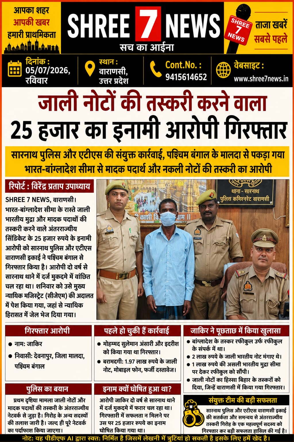 भारत-बांग्लादेश सीमा से जाली नोटों की तस्करी करने वाला 25 हजार का इनामी गिरफ्तार