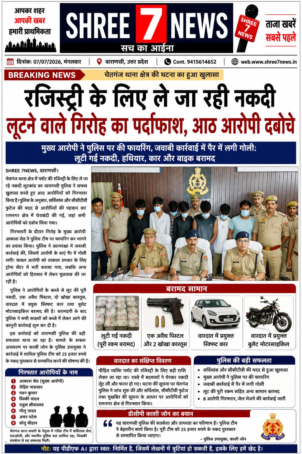 रजिस्ट्री के लिए ले जा रही नकदी लूटने वाले गिरोह का पर्दाफाश, आठ आरोपी दबोचे