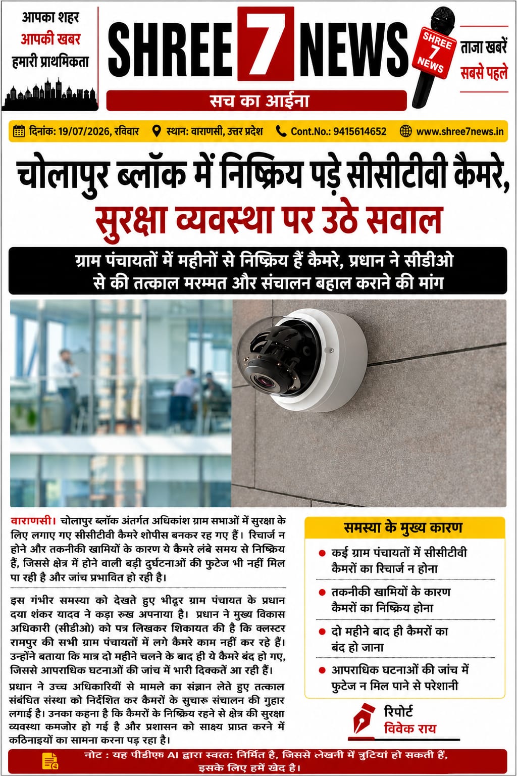 चोलापुर ब्लॉक में बंद पड़े सीसीटीवी कैमरे, सुरक्षा व्यवस्था पर उठे गंभीर सवाल