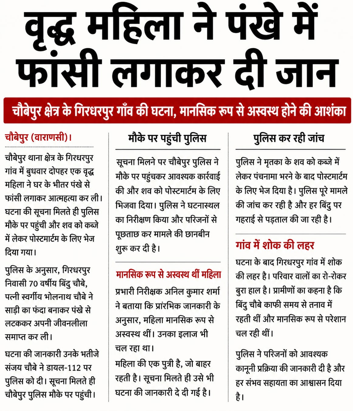 गिरधरपुर में वृद्ध महिला ने फांसी लगाकर की आत्महत्या